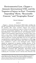 Cover page: Environmental Law, <em>Clapper v. Amnesty International USA</em>, and the Vagaries of Injury-in-Fact: "Certainly Impending" Harm, "Reasonable Concern," and "Geographic Nexus"