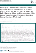 Cover page: Protocol of a Randomized Controlled Trial of Culturally Sensitive Interventions to Improve African Americans' and non-African Americans' Early, Shared, and Informed Consideration of Live Kidney Transplantation: The Talking About Live Kidney Donation (TALK) Study