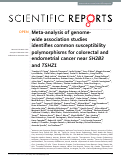 Cover page: Meta-analysis of genome-wide association studies identifies common susceptibility polymorphisms for colorectal and endometrial cancer near SH2B3 and TSHZ1.
