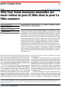 Cover page: Why East Asian monsoon anomalies are more robust in post El Niño than in post La Niña summers.