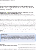 Cover page: Histone Deacetylase Inhibition via RGFP966 Releases the Brakes on Sensory Cortical Plasticity and the Specificity of Memory Formation