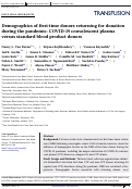 Cover page: Demographics of first‐time donors returning for donation during the pandemic: COVID‐19 convalescent plasma versus standard blood product donors