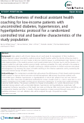 Cover page: The effectiveness of medical assistant health coaching for low-income patients with uncontrolled diabetes, hypertension, and hyperlipidemia: Protocol for a randomized controlled trial and baseline characteristics of the study population