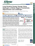 Cover page of Long Duration Energy Storage Using Hydrogen in Metal-Organic Frameworks: Opportunities and Challenges.