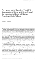 Cover page: An Honor Long Overdue: The 2013 Congressional Gold and Silver Medal Ceremonies in Honor of Native American Code Talkers