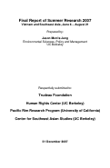 Cover page of Final Report of Summer Research 2007 Vietnam and Southeast Asia, June 6 – August 21