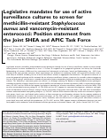 Cover page: Legislative mandates for use of active surveillance cultures to screen for methicillin-resistant Staphylococcus aureus and vancomycin-resistant enterococci: Position statement from the Joint SHEA and APIC Task Force